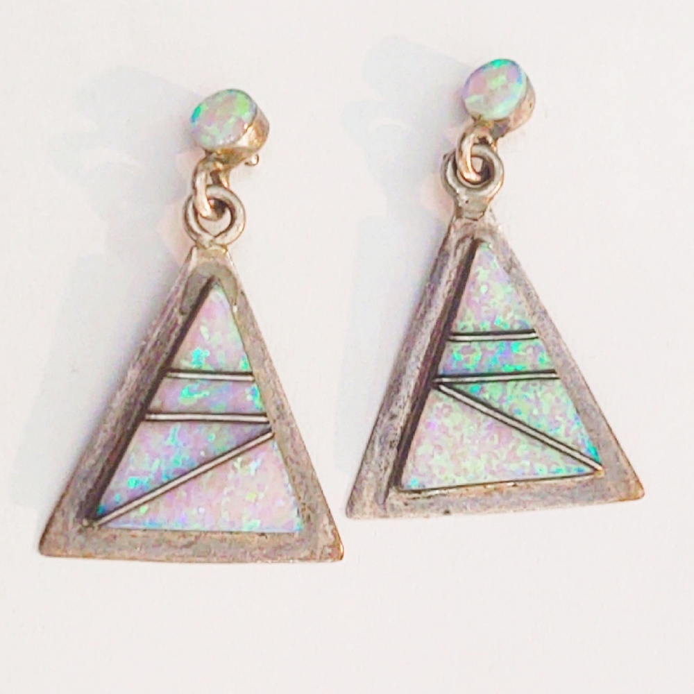 Vintage Sterling Silver & Opal Triangle Earrings - Picture 5 of 7